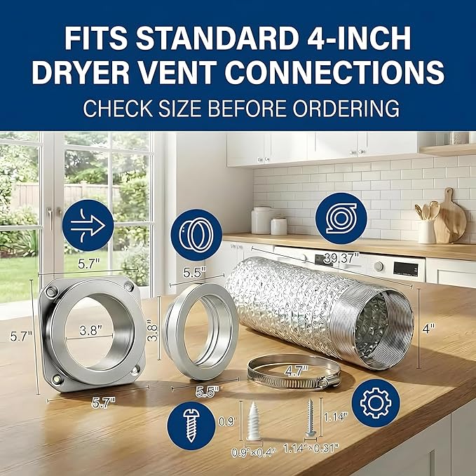 Magnetic Dryer Vent Connector Kit, Quick-Connect 4 Inch Dryer Vent for Tight Laundry Rooms, Save Up to 3–6 Inches of Space, Strong Magnetic Hold, Airtight Seal, Includes 3.3FT Aluminum Hose & 2 Clamps