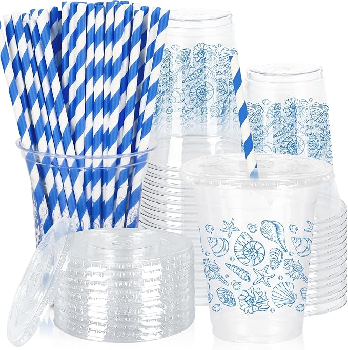FYSUIMU 50Pcs 12Oz Blue Ocean Plastic Cups with Lids & Straws Seashell Starfish Disposable Clear Drinking Cups for Summer Beach Party Supplies