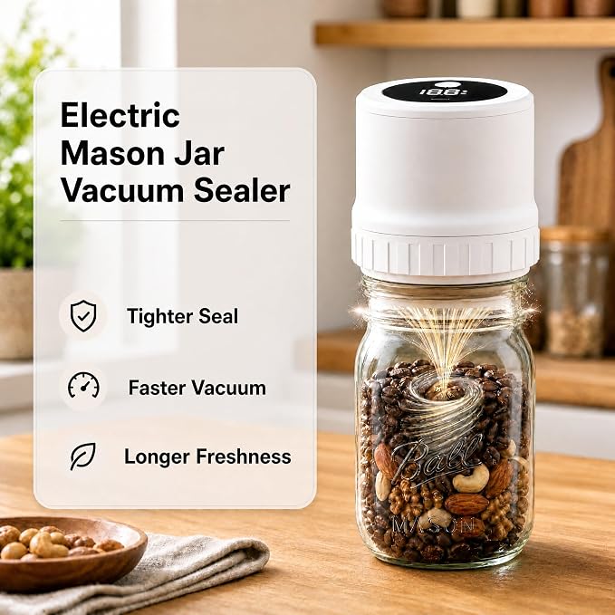 Mason Jar Vacuum Sealer Kit for Wide & Regular Mouth Jars, White