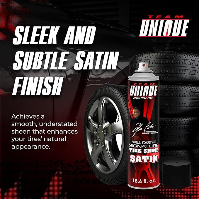 Team Unique Tire Shine Satin – 18.6 fl oz (Pack of 12) | Low-Gloss Satin Tire Shine Spray | UV Protection Against Cracking & Fading | Non-Greasy, Low-Sling Formula for Cars, Trucks & SUVs