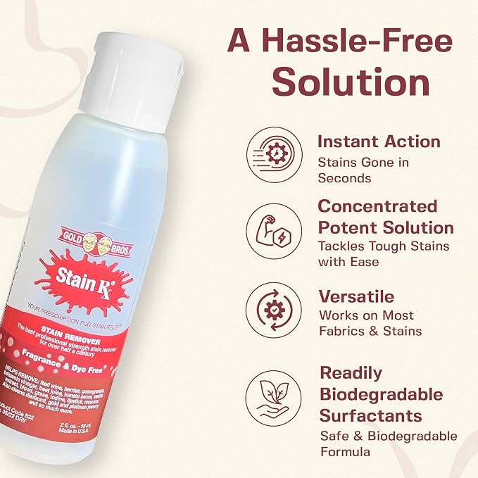 Stain Remover, Effectively Eliminates Stains from Wine, Berries & Blood on Fabrics, Carpets, Upholstery & Jewelry, Dye-Free, Bleach-Free, Made in USA, 2 fl. oz. (6 Pack) with a Flip-Top Cap