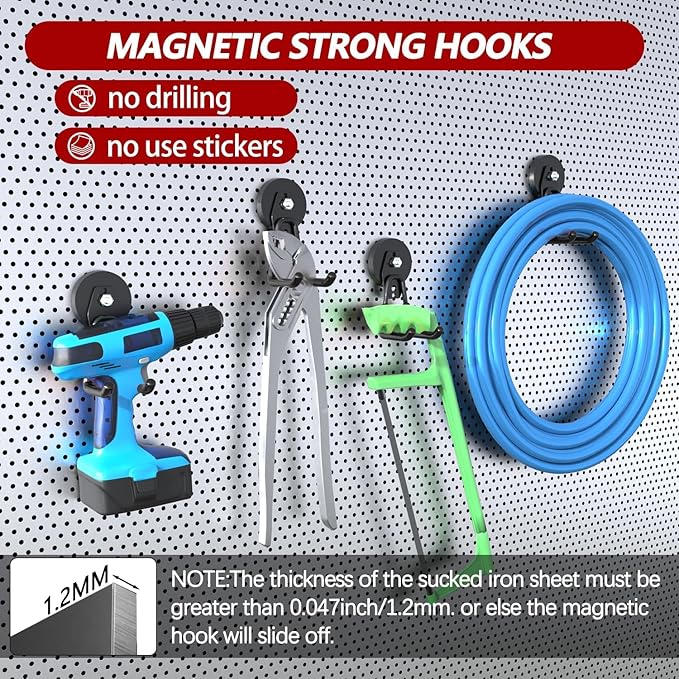 3-H Extra Strong Magnetic Hooks,Heavy Duty Large Anti-Slip Magnet Hooks,No-Drill Tool Holder for Garage,Power Drill,Garden Tools,Hose Storage,2 Pack Black