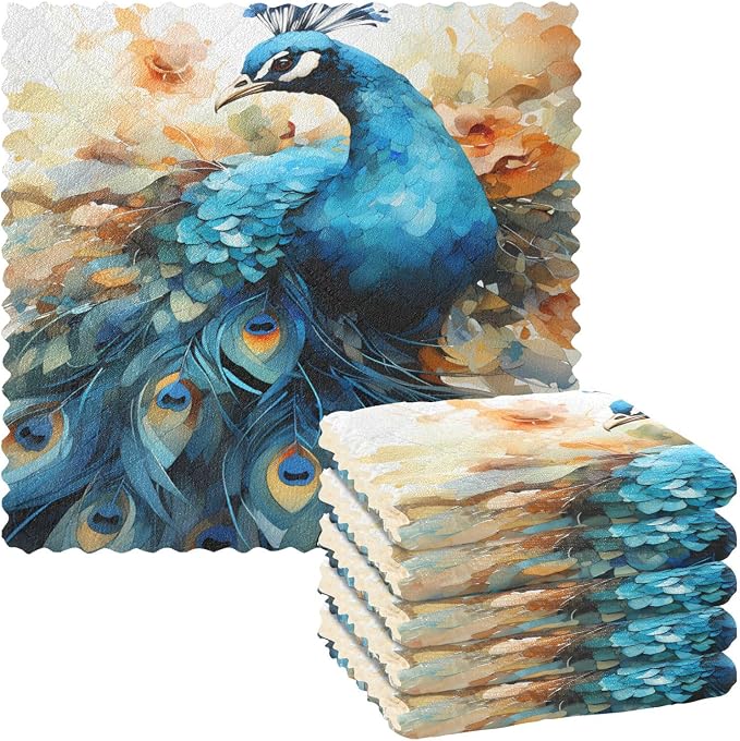 ALAZA Dish Towels Kitchen Cleaning Cloths Peacock Dish Cloths Absorbent Kitchen Towels Lint Free Bar Tea Soft Towel Kitchen Accessories Set of 6,11"x11"