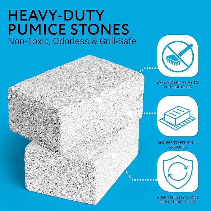 Impresa Pumice Stone Grill Brush - 5 x 2 in Head, 16 in Handle, Pack of 3 Replacement Bricks - Grease Removal BBQ Cleaning Stone - Ergonomic Long Handle Griddle Cleaning Kit - Versatile Grill Scraper