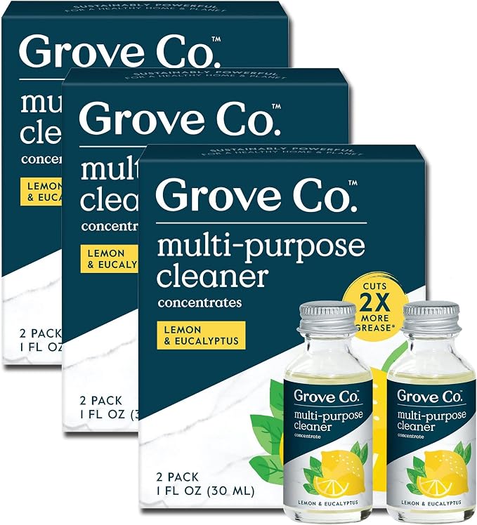 Grove Co. Multi-Purpose Cleaner Refills, 6 x 1fl oz, Lemon & Eucalyptus | 6 refills; Plant-based; No plastic waste; Ammonia & chlorine free; No Harsh Chemicals