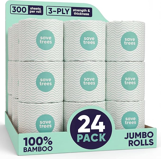 Save Trees Bamboo Toilet Paper -24 Rolls Of Septic Safe Organic Toilet Paper 3-ply, 300 Sheets Per Roll - PFAs Free, FSC Certified, Plastic & Chemical Free - For Home, Boat & RV Use