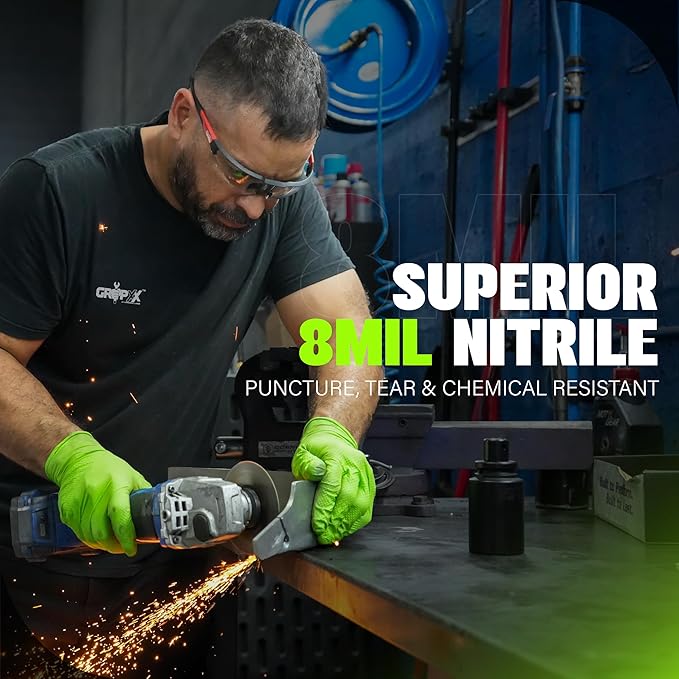 GRIPXX Herkules Grip Heavy Duty 8Mil Green Nitrile Gloves,3D Raised Diamond Texture-Latex & Powder Free-Industrial, Mechanic | Pack of (100 CT)