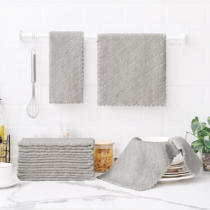 Homaxy 24 Pack Dish Towels for Kitchen (10 x 20 Inches, Grey), Super Soft and Absorbent Coral Velvet Dish Cloths for Washing Dishes, Nonstick Oil Fast Drying Microfiber Cleaning Cloth