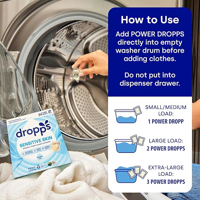 Dropps Sensitive Skin Laundry Detergent Pods, Unscented (36 Ct) - Hypoallergenic & Dermatologist Tested | Free & Clear | Laundry Pods for Sensitive Skin | Clean Ingredients | Plastic Free Packaging