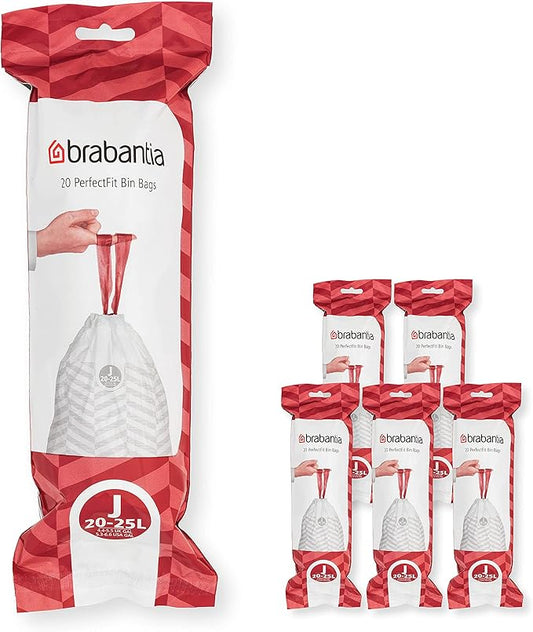 Brabantia PerfectFit Trash Bags (Size J/5.3-6.6 Gal) Thick Plastic Trash Can Liners with Drawstring Handles (120 Bags)