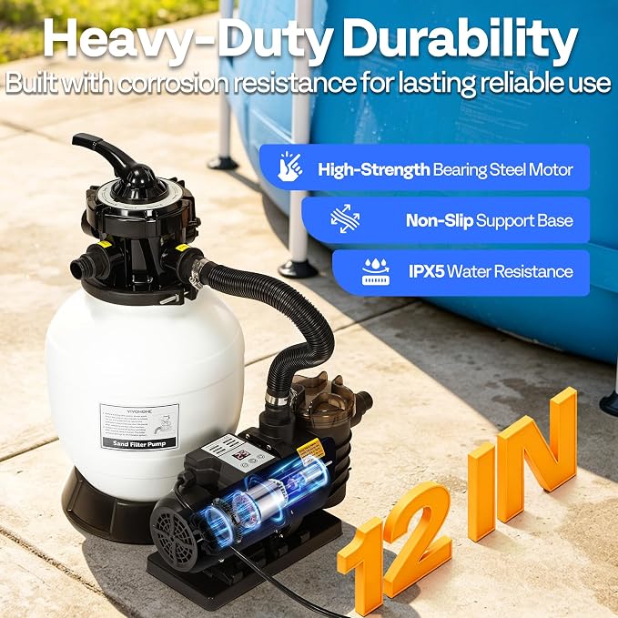 VIVOHOME Upgraded 2087 GPH Sand Filter Pump w/Timer, Fits in/Above Ground Pool Up to 10,000 Gallons, 7-Way Valve with 28.7-Pound Sand Capacity