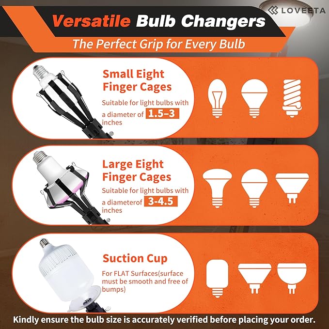 LOVEETA® Gen2 12Ft [18Ft Reach] Extendable Light Bulb Changer Pole for High Ceilings – Telescopic Light Bulb Pole Changer with Bulb Gripper, Chandelier Lights - Jet Black