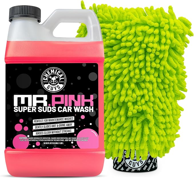 Chemical Guys Mr. Pink Super Suds Car Wash Soap Plus Chenille Premium Microfiber Wash Mitt Bundle Kit, High Foaming Pink Shampoo And Scratch Free Wash Mitt For Cars Trucks SUVs Daily Drivers, 64 Fl Oz