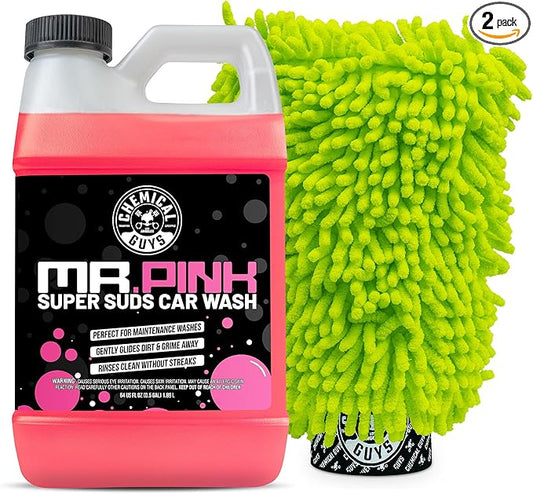 Chemical Guys Mr. Pink Car Wash Soap & Chenille Wash Mitt Kit - 64 oz High Foaming Auto Shampoo with Plush Microfiber Mitt - Safe for Cars, Trucks, Motorcycles, and RVs - Scratch-Free Cleaning Combo
