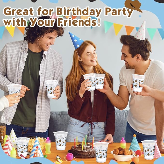 Jingmore 100 Pcs Western Plastic Cups 12 oz Clear Disposable Plastic Cowboy Cowgirl Drinking Cups Bulk for Boho Preppy Baby Shower Birthday Wild West Party Decoration Supplies(Cowboy,Brown and Blue)