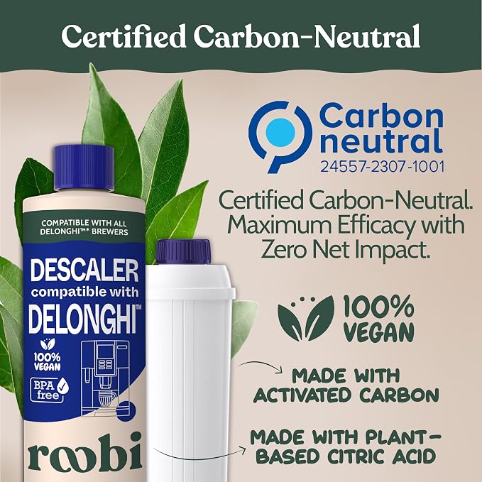 Roobi DeLonghi Compatible Cleaning Descaling Kit. Includes 1 Bottle of Descaling Solution and 4 DeLonghi Filters. Carbon Neutral DeLonghi Cleaner Descaler Kit. 1 Year Supply.