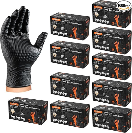 ANBOSON 10 Mil Nitrile Disposable Gloves Heavy Duty Mechanic Gloves Raised Diamond Texture Thick (Black of 1000, Medium)