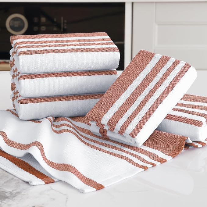 Homaxy Premium Kitchen Towels 18”x 28”, Large Cotton 380 GSM Kitchen Hand Towels, Stripe and Terry Dish Towel, Highly Absorbent Tea Towel Set with Hanging Loop, 3 Pack, Rust
