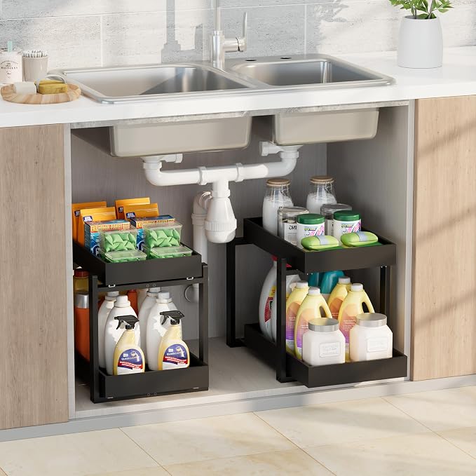 APRTAT 2 Pack Under Sink Organizer, Bamboo Wooden 2-Tier Pull-Out Storage with Sliding Drawers for Kitchen and Bathroom Cabinets, Easy Installation (Black, 2 Packs)