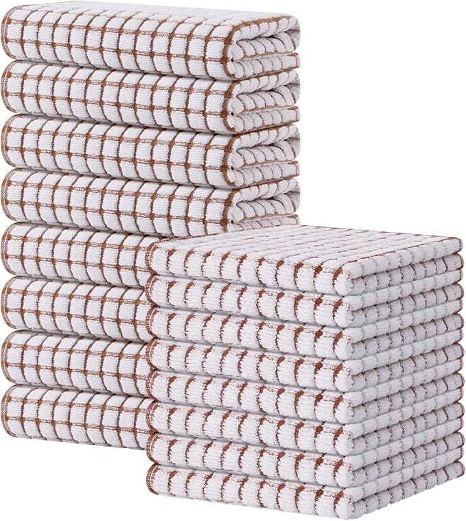 Kitinjoy Cotton 16 Pack Kitchen Towels and Dishcloths Sets, 16 x 25 Inch & 12 X 12 Inch Dish Towels Bulk, Super Soft and Absorbent Hand Towels for Kitchen Drying, Brown