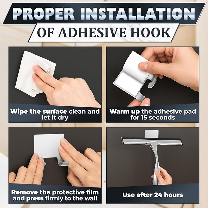 Shower Door Squeegee with Hook - 12" Silicone Blade, Stainless Steel Squeegee for Shower Glass with Adhesive Mount - All-Purpose Bathroom Tile, Mirror, & Window Wiper for Streak-Free Cleaning (Silver)