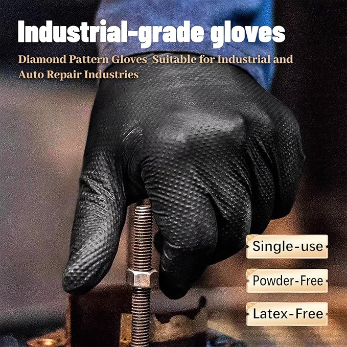 Heavy Duty Black Diamond Grip 8mil Nitrile Gloves - Industrial Grade, Puncture & Chemical Resistant Safety Gloves