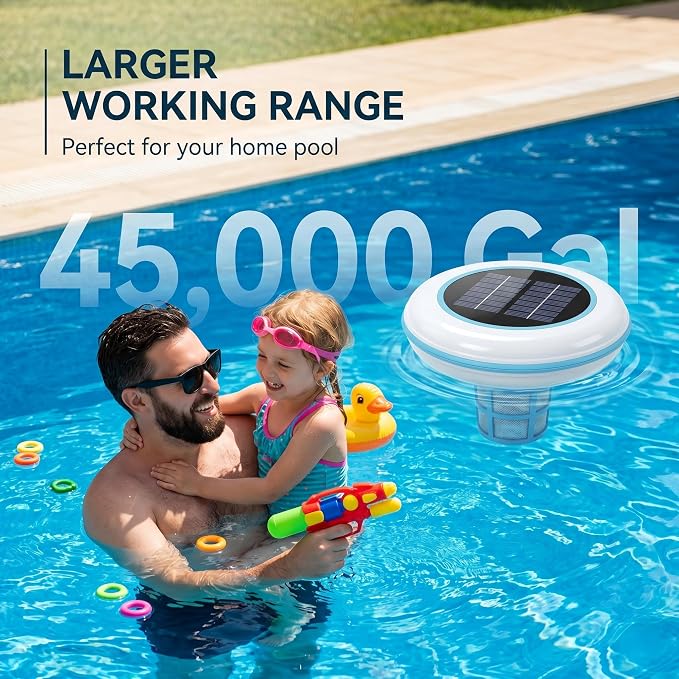 Solar Pool Ionizer, Upgraded Larger Solar Panel Copper Pool Ionizer Floater Auto Switching of Multi-Colored LED Night Light, Ionizador Solar for Above Ground, Inground Pool, Up to 45,000 Gal
