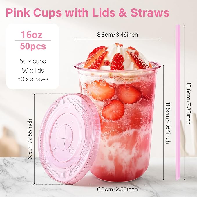 KesaPlan 50 Pack 16 oz Pink Plastic Party Cups with Lids and Straws, Disposable Iced Coffee Cup with Lids, Round Bottom Drinking Cups for Birthday Wedding Valentine's Galentine's Bachelorette Party