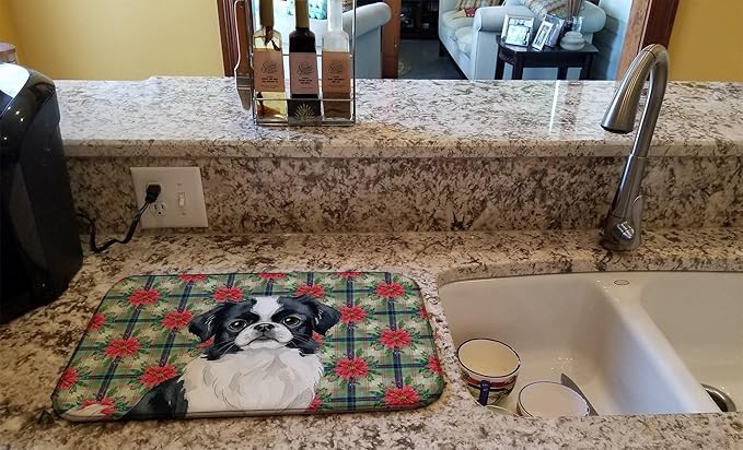 Caroline's Treasures Black and White Japanese Chin Christmas PoinsettIas Dish Drying Mat Absorbent Dish Drying Mat Pad for Kitchen Counter Dish Drainer Mat for Countertop, 14 x 21", Multicolor