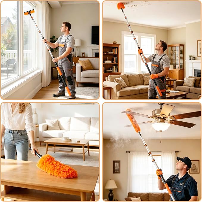 20FT High Reach Duster Cleaning Kit with 3-12FT Extension Pole, 4-in-1 Ceiling Fan Duster, Cobweb Remover, Bendable Feather Duster & Window Squeegee for High Ceilings, Walls and Outdoor Cleaning