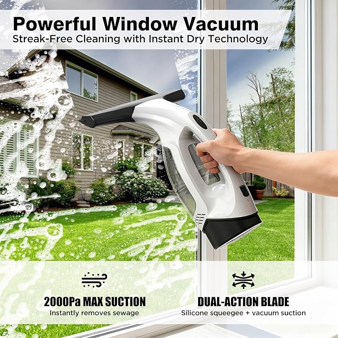 Window Vacuum Squeegee Cordless, 2000Pa Electric Window Cleaner Tool with 2200mAh & 150ml Water Collection Tank, Cleaning Kit Shower Squeegee for Glass Doors, Tiles, Mirrors, Car