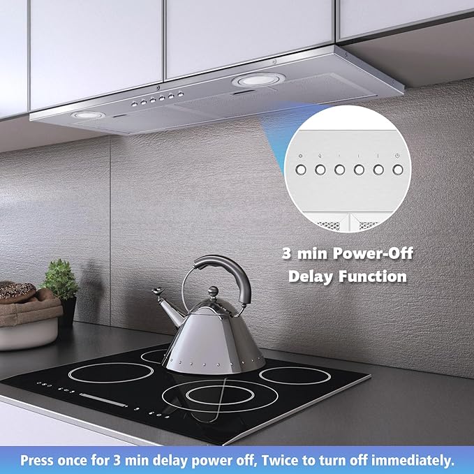 ONEEON 24" Range Hood Insert, 500CFM Stainless Steel Built-in Kitchen Vent, 4-Speed Exhaust Fan, Dishwasher-Safe Baffle Filters, LED Lights & 3-Min Delayed Shutdown.