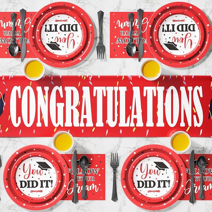 Graduation Decoration Class of 2026, 175PCS Graduation Party Supplies Disposable Dinnerware(Serve 25) with Paper Plates Cup Napkin Fork Knife Spoon College High School Grad Decor (Red & Black)