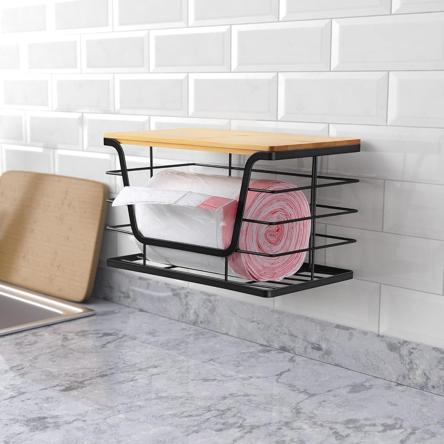 ALOCEO Extra Large Trash Bag Holder Dispenser With Bamboo Top, Wall Mounted Garbage Bag Dispenser Roll Holder for Kitchen Laundry Room Organization