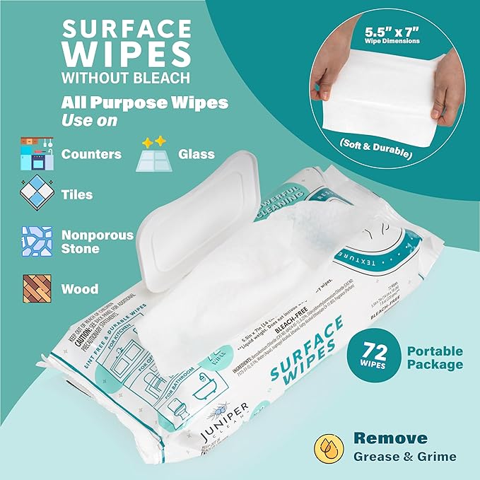 Juniper CLEAN 6 Pack Surface Cleaning Wipes Bleach Free, All-Purpose Cleaner for Bathroom, Kitchen, Office, 72 Count Soft Flow, Fresh Scent, Lint Free & Durable
