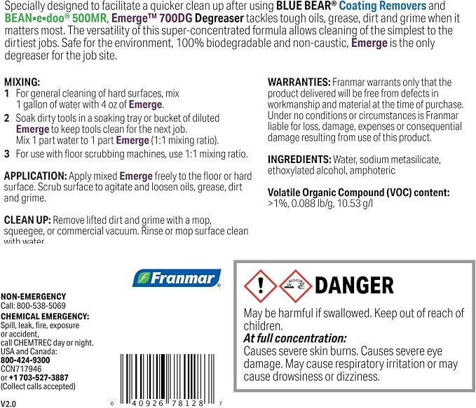Blue Bear 700DG Emerge Degreaser | Low-Odor, Biodegradable Cleaner, Removes Oil, Grease, Dirt & Grime, Safe for Heavy-Duty & Everyday Cleaning, concrete cleaner