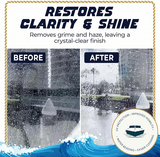 Salty Captain Clears Clean & Polish Kit – Isinglass Cleaner & Boat Polish – 16.9oz Cleaner, 16.9oz Polish & 5 Microfiber Towels – Restores Clarity & Shine to Strataglass, Polyvinyl & Marine Clears