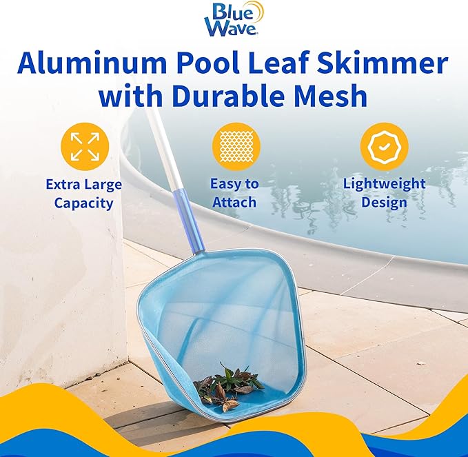 Aqua First Blue Wave NA8006 Aluminum Pool Leaf Skimmer – Heavy-Duty Mesh Net with No-Mar Frame – Fits Standard Telescopic Poles – Lightweight Skimmer for Swimming Pools – 18.8-in x 12.7-in