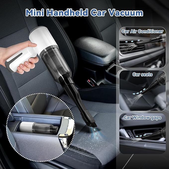 3-in-1 Handheld Vacuum 6500Pa | Vacuum+Blow+Inflate | 4 Nozzles | for Car/Keyboard/Pet Hair/Crevice | Type-C Fast Charge White