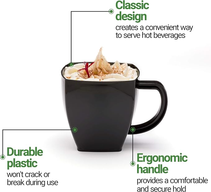 Restaurantware-5 Ounce Square Espresso Cups, 100 Disposable Plastic Coffee Cups - PS Plastic, With Handles, Black Dessert Cup, For Catering Events, Parties, Weddings, And Cafes