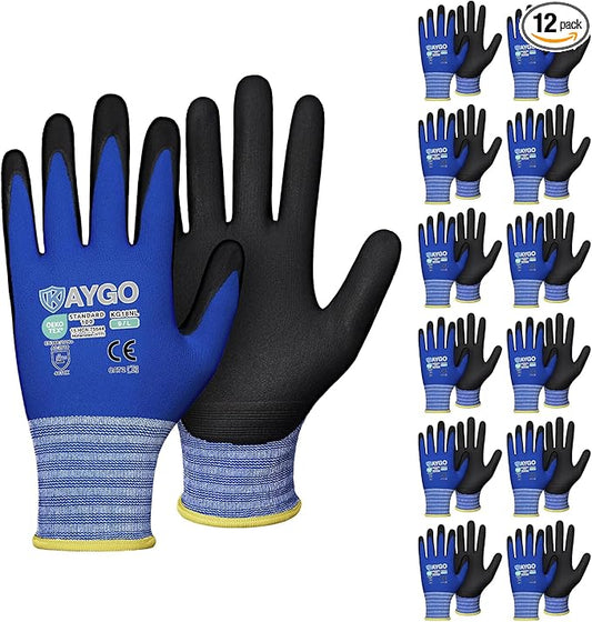 KAYGO Safety Work Gloves MicroFoam Nitrile Coated, 12 Pairs KG18NB,Seamless Knit Nylon Glove with full fingers Touchscreen, Ideal for Automotive,Warehouse,Construction (Large, Blue)