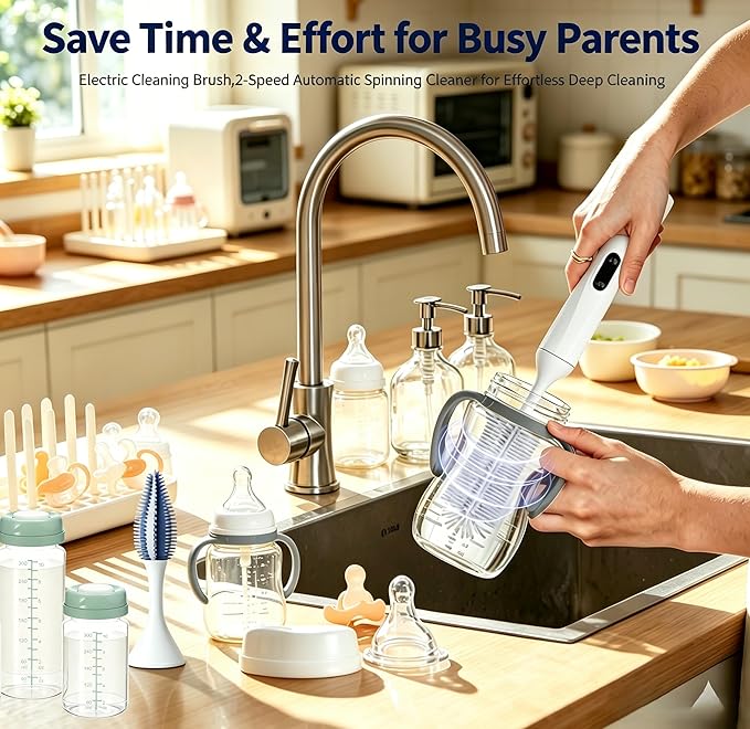 Rechargeable Electric Bottle Brush with 2 Speeds Powerful Automatic Bottle Cleaner,BPA-Free Silicone Spinning Design, Wall Mount & Straw Cleaner,Suitable for Baby Bottles & Kitchen (White+Purple)