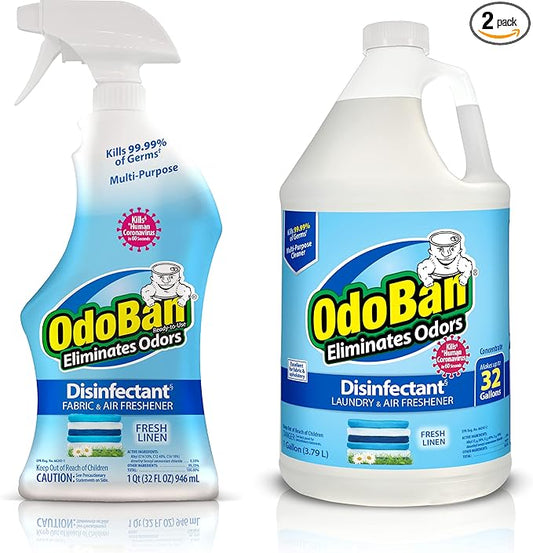 OdoBan Ready-to-Use Disinfectant and Odor Eliminator, Made in the USA, Fresh Linen Scent, Set of 2, 32 oz Spray and 1 Gallon Concentrate