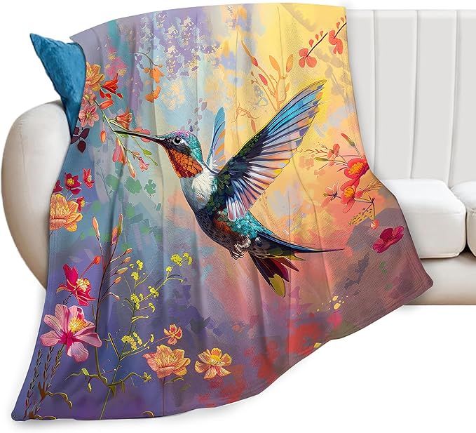 Hummingbird Flower Blanket Bird Floral Decor Throw Blanket Cozy Plush Flannel Fleece Warm Soft Lightweight Fuzzy Blanket Hummingbird Gifts for Women Girls Boys Teens for Bed Sofa Couch 40"X50"