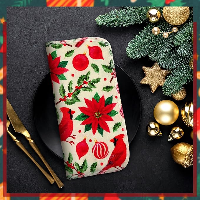 Redbaker 50 Pcs Reusable Paper Towels Paperless Reusable Cotton Cloths Toilet Absorbent Washable Paper Towels with Roll Kitchen Dishcloth for Kitchen Paperless Dishcloths(Christmas Style)