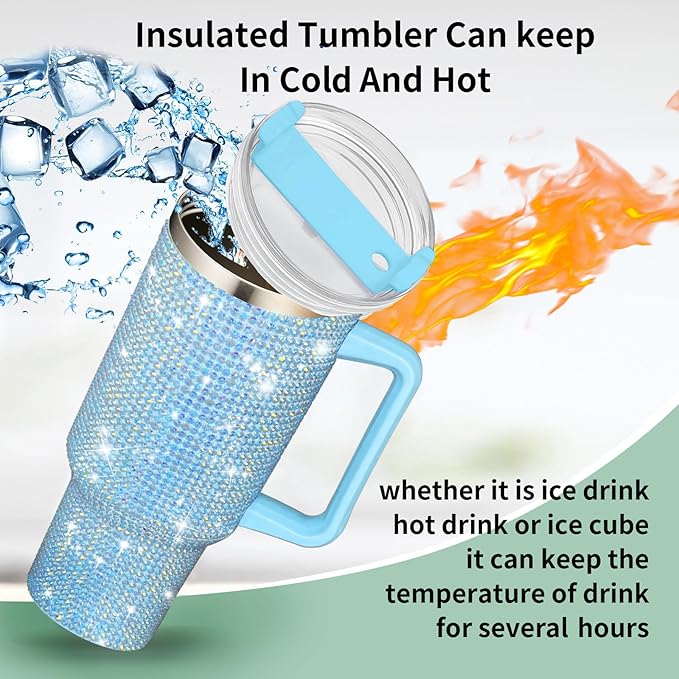 HWISDMIG 40oz Tumbler with Handle-Glitter Rhinestones Tumbler Bling Cups Stainless Steel Water Bottle Diamond Studded Tumbler for Women-Birthday Gifts for Women, Mom, Girlfriend (40 oz, Turquoise)