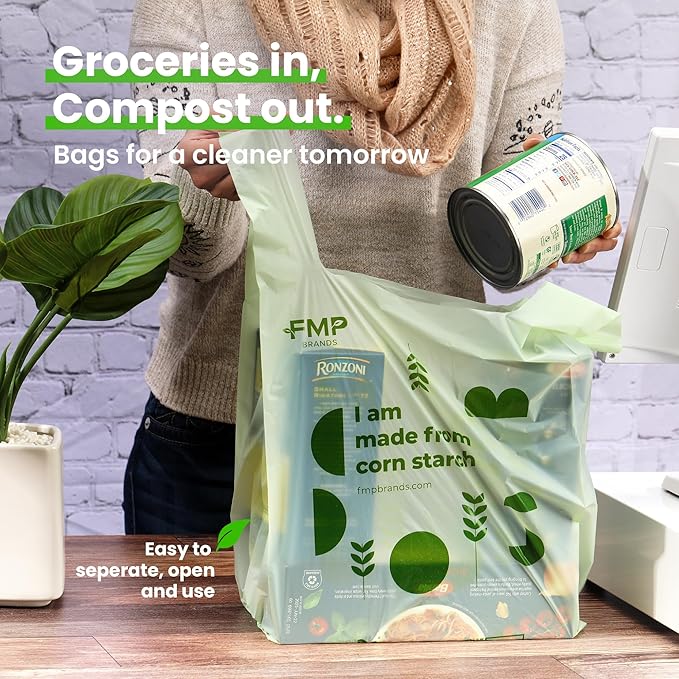 FMP Brands 100% Compostable Bags with Handle - 2.6 Gallon 0.78 Mil Grocery Shopping Bags, Small Garbage Bags for Bathroom, and Food Scrap, BPI & OK Compost Certified, ASTM D6400 Compliant [500 Count]