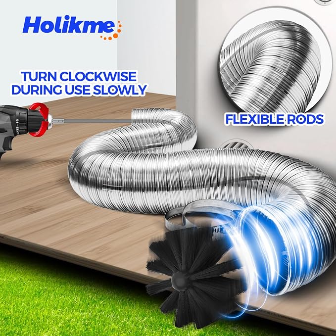 Holikme 30 Feet Dryer Vent Cleaner Kit, Flexible Lint Brush with Drill Attachment, Fireplace Chimney Brushes Extends Up to 30 Feet for Easy Cleaning, Use with or Without a Power Drill, Grey
