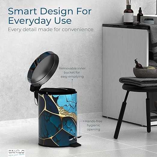 Sanilo Small Bathroom Trash Can with Lid [1.3 Gallon] - Lidded Tiny Trashcan for Garbage - Mini Metal Bin with Soft Closing Mechanism - Bath Room Accessoire Wastebin with Inner Bucket (Marble Cobalt)