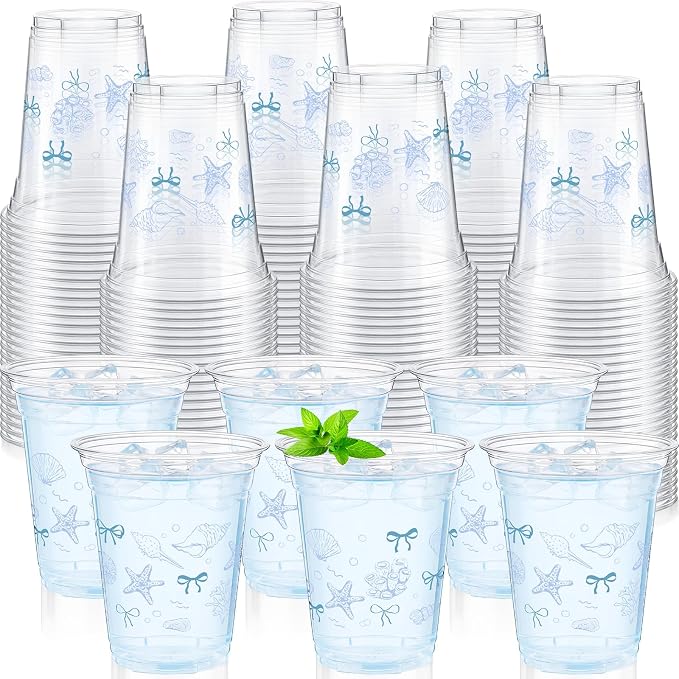 Tanlade 60 Pcs Ocean Party Plastic Cups 12 oz Blue Bow Seashell Starfish Seashell Coastal Nautical Sea Theme Disposable Cups for Baby Shower Summer Theme Birthday Wedding Party Supplies Decorations